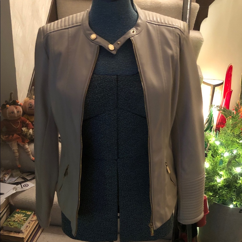 Calvin Klein Women's Cream Leather Jacket with Gold Accents